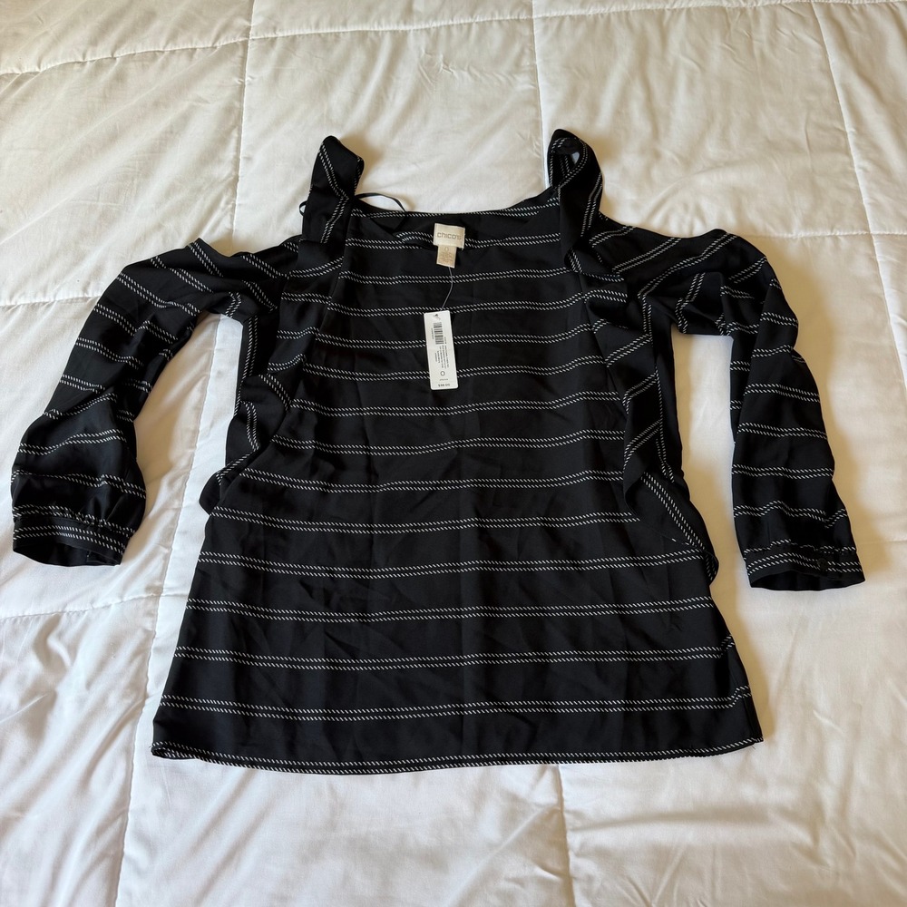 Chicos Directional Stripe Mix Cold Shoulder Ruffle Sleeve Top Black White 0 S